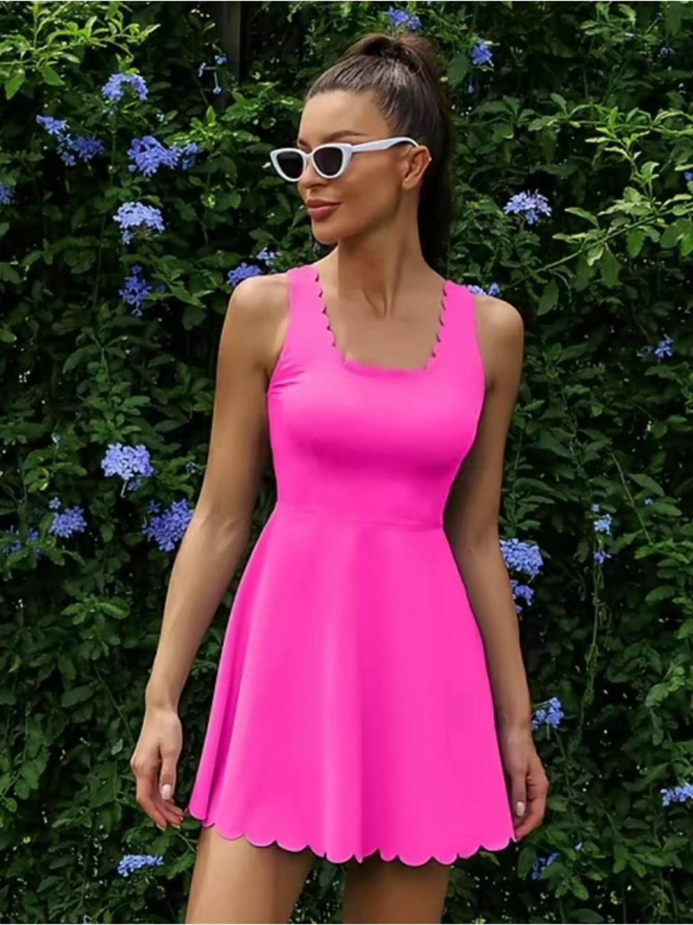 Bright Hot Pink Scallop Hem Active Dress